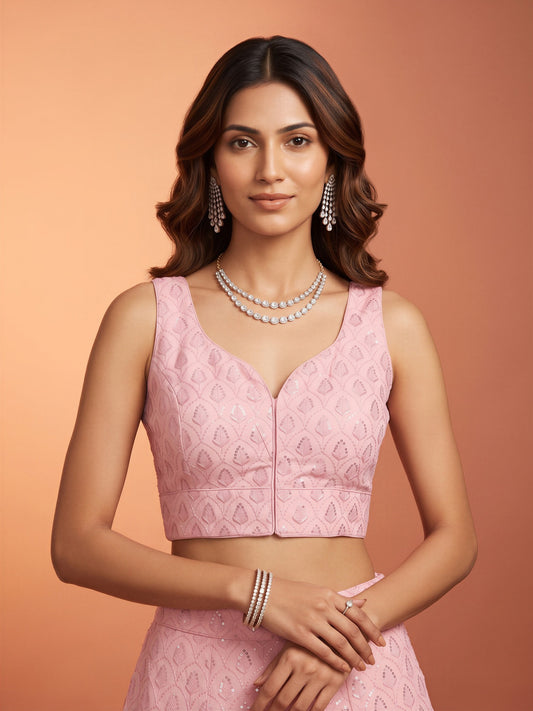 Pink sequin embroidered georgette sleeveless readymade saree blouse with sweetheart neck