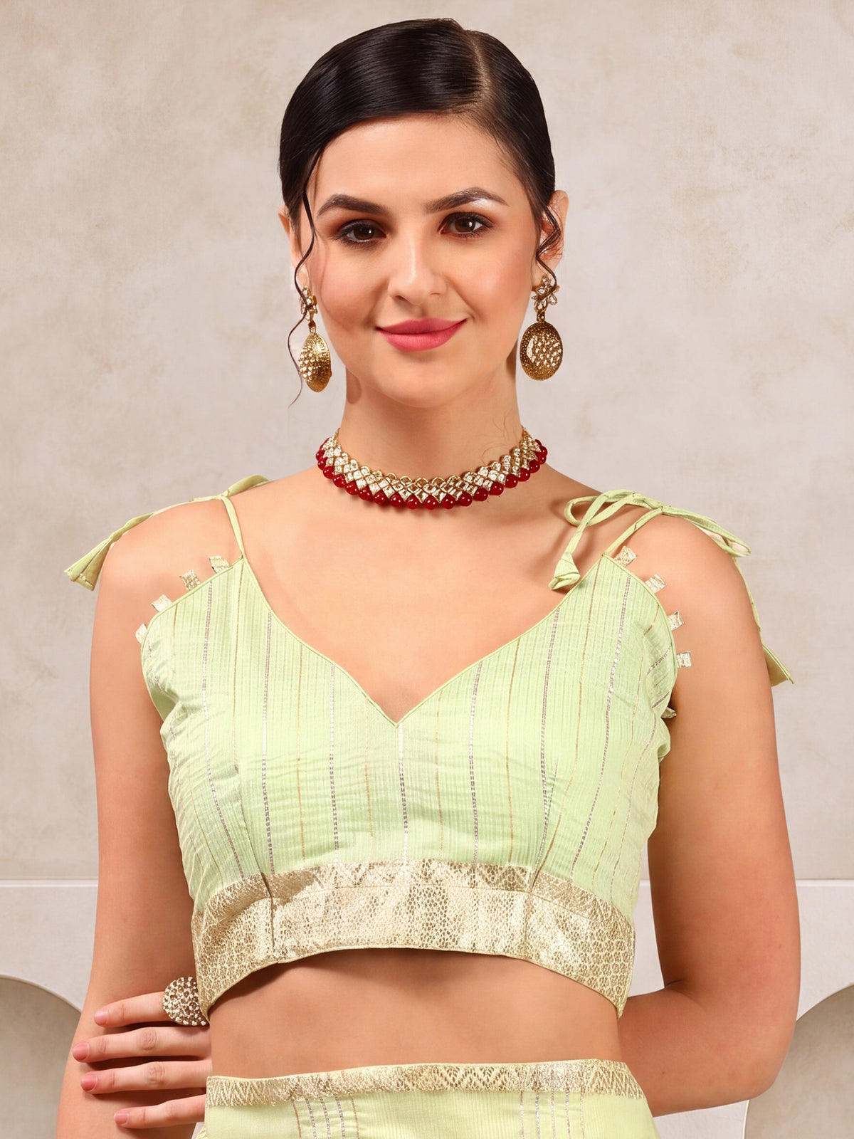 Unstitched mint green linen blouse piece with woven design design