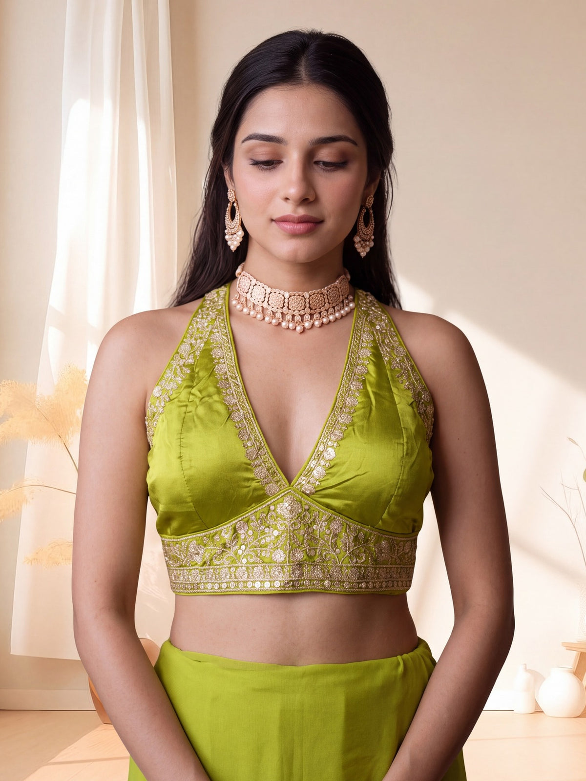 Lime Green sequin embellished silk blend sleeveless readymade saree blouse with deep v neck view 4