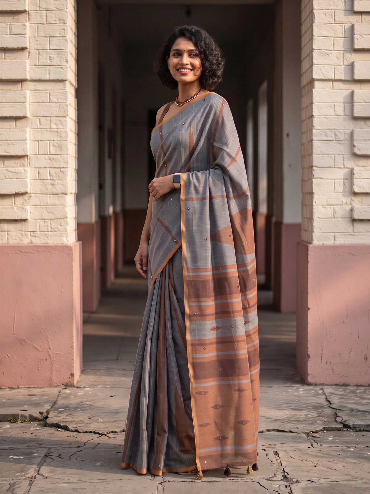 Charcoal Grey Linen Blend saree – detail view 2