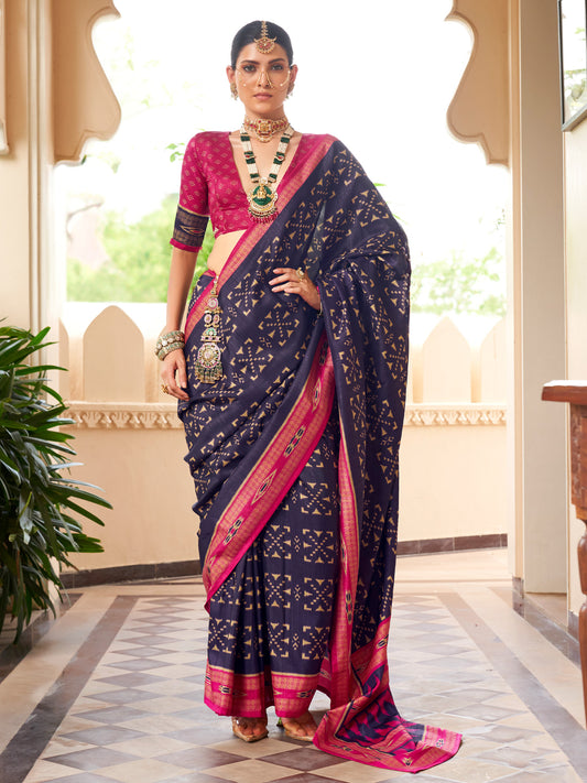 Navy Blue ikat silk blend saree with pink blouse piece