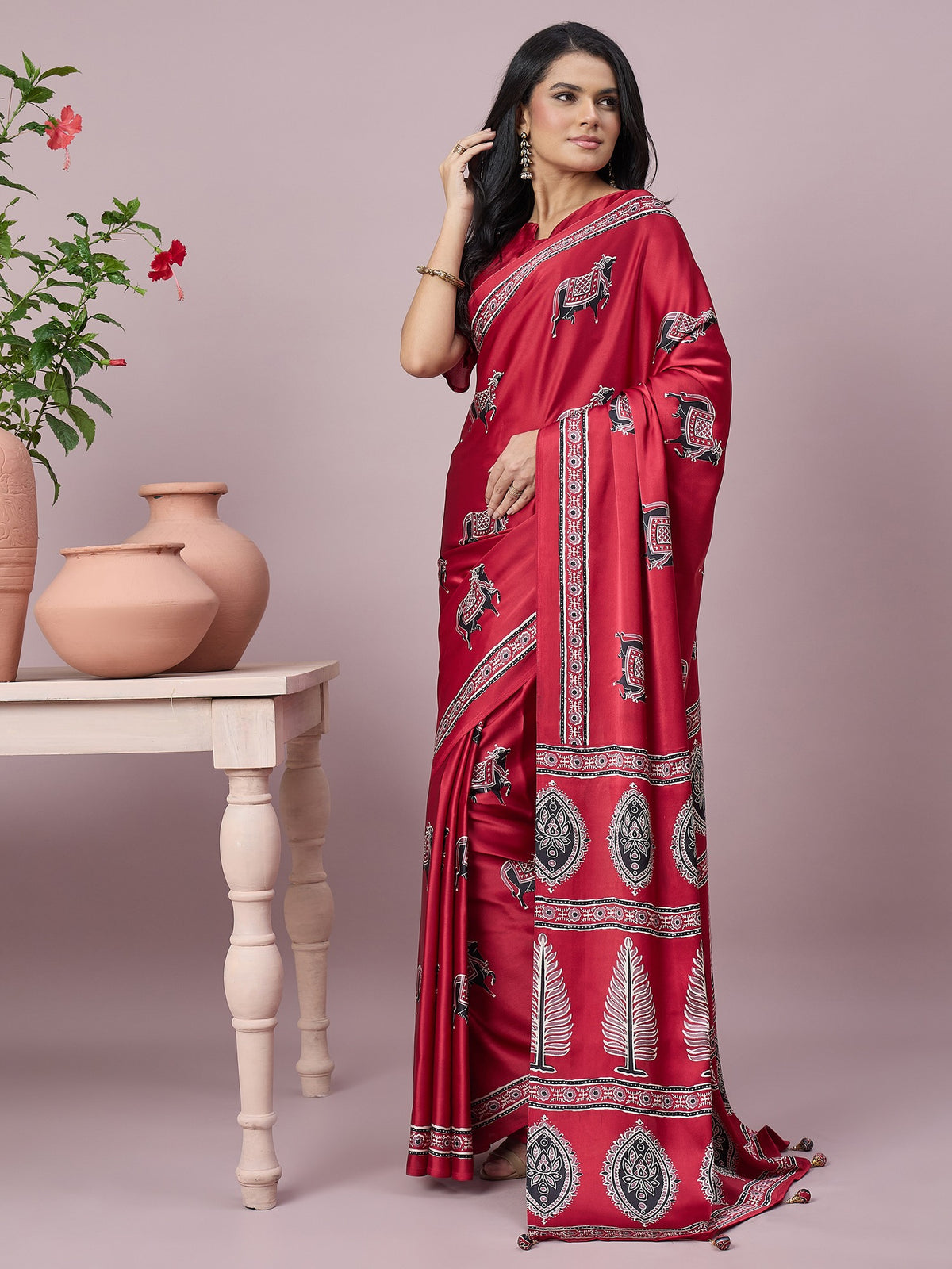 Red satin saree view 4