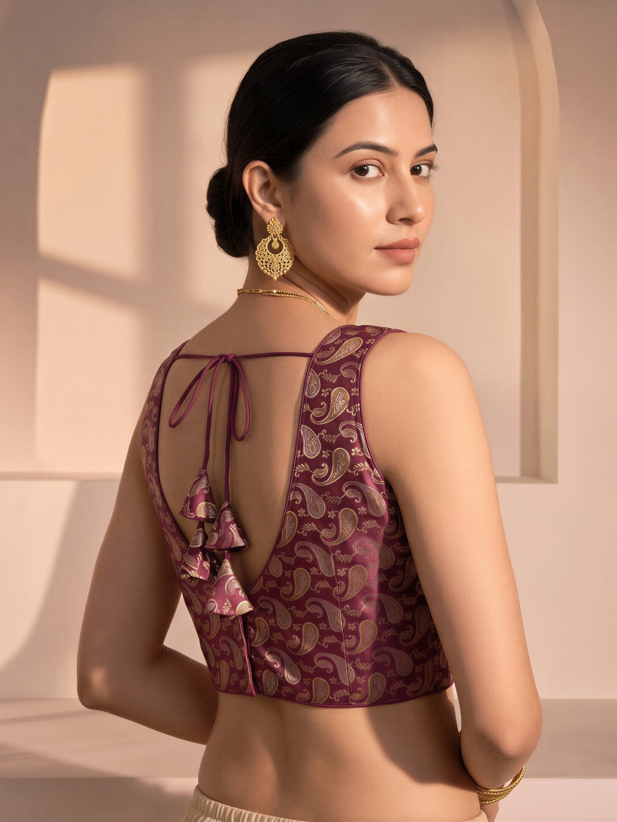 Coffee Brown woven brocade silk blend sleeveless readymade saree blouse with v neck view 1