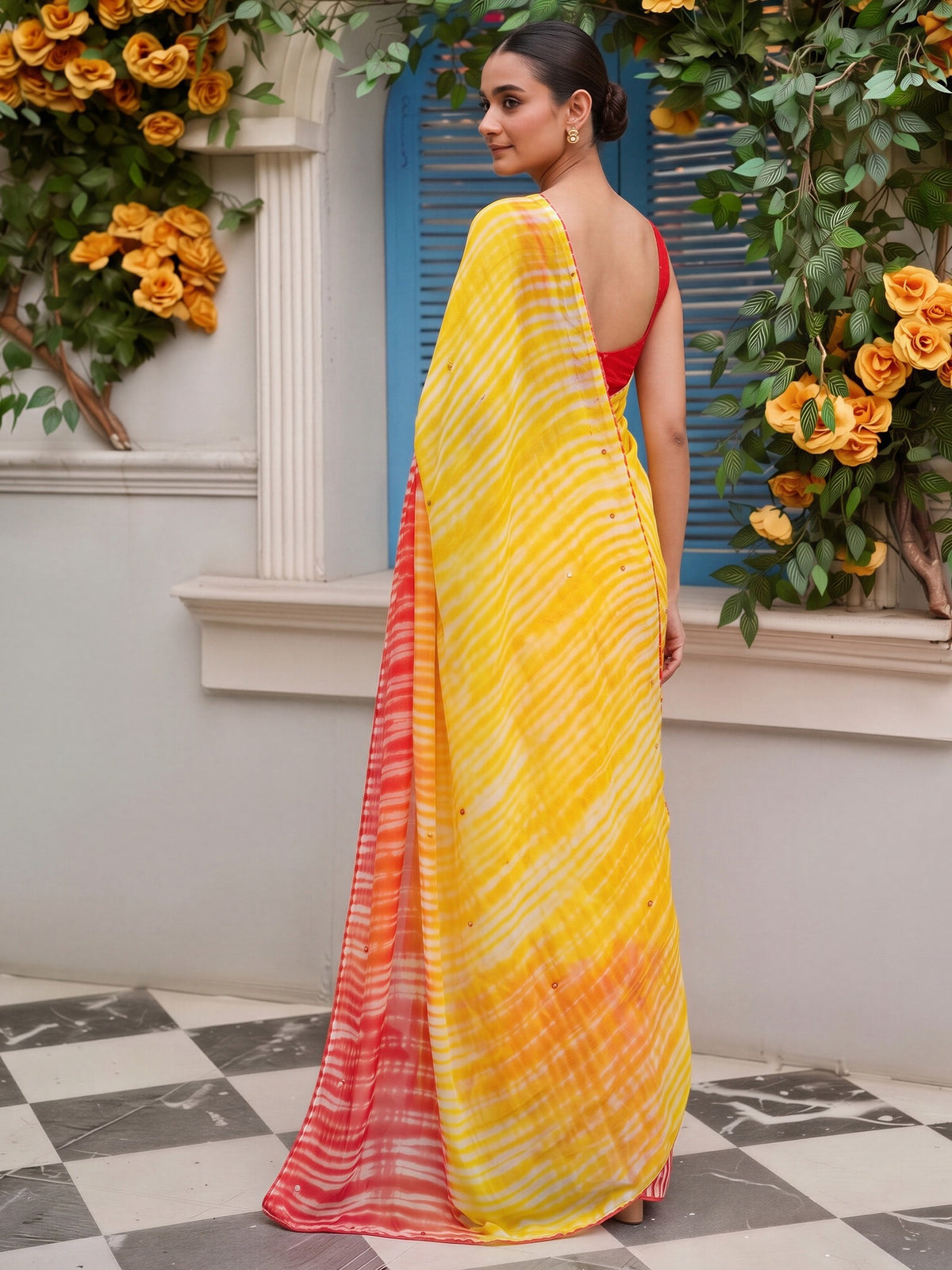 Yellow georgette saree view 1