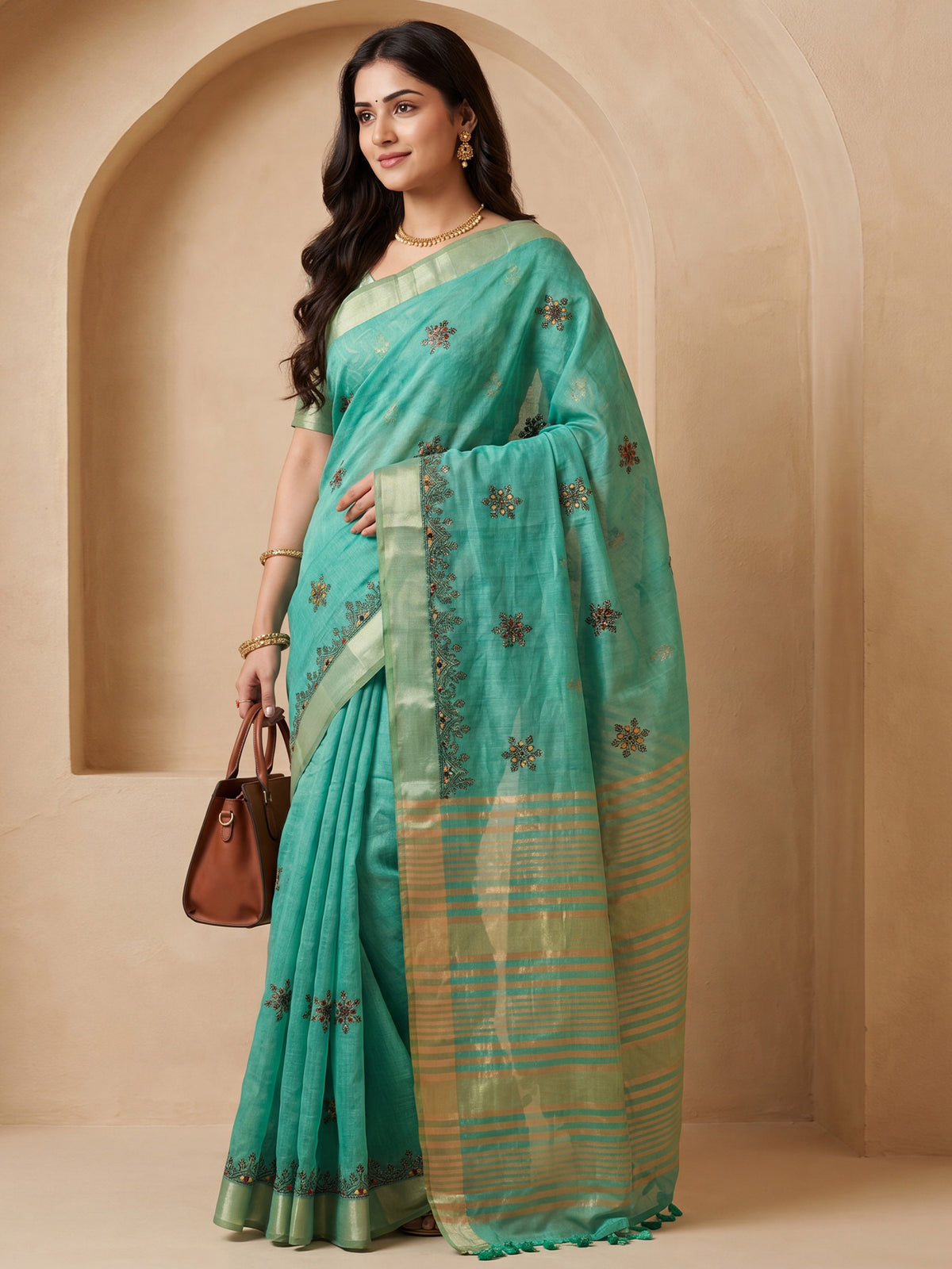 Sea Green Cotton Linen saree – detail view 2