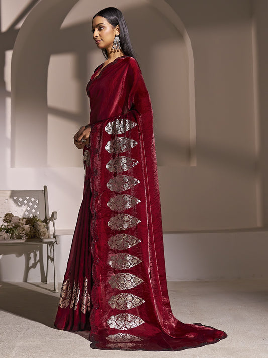 Maroon satin silk saree view 1