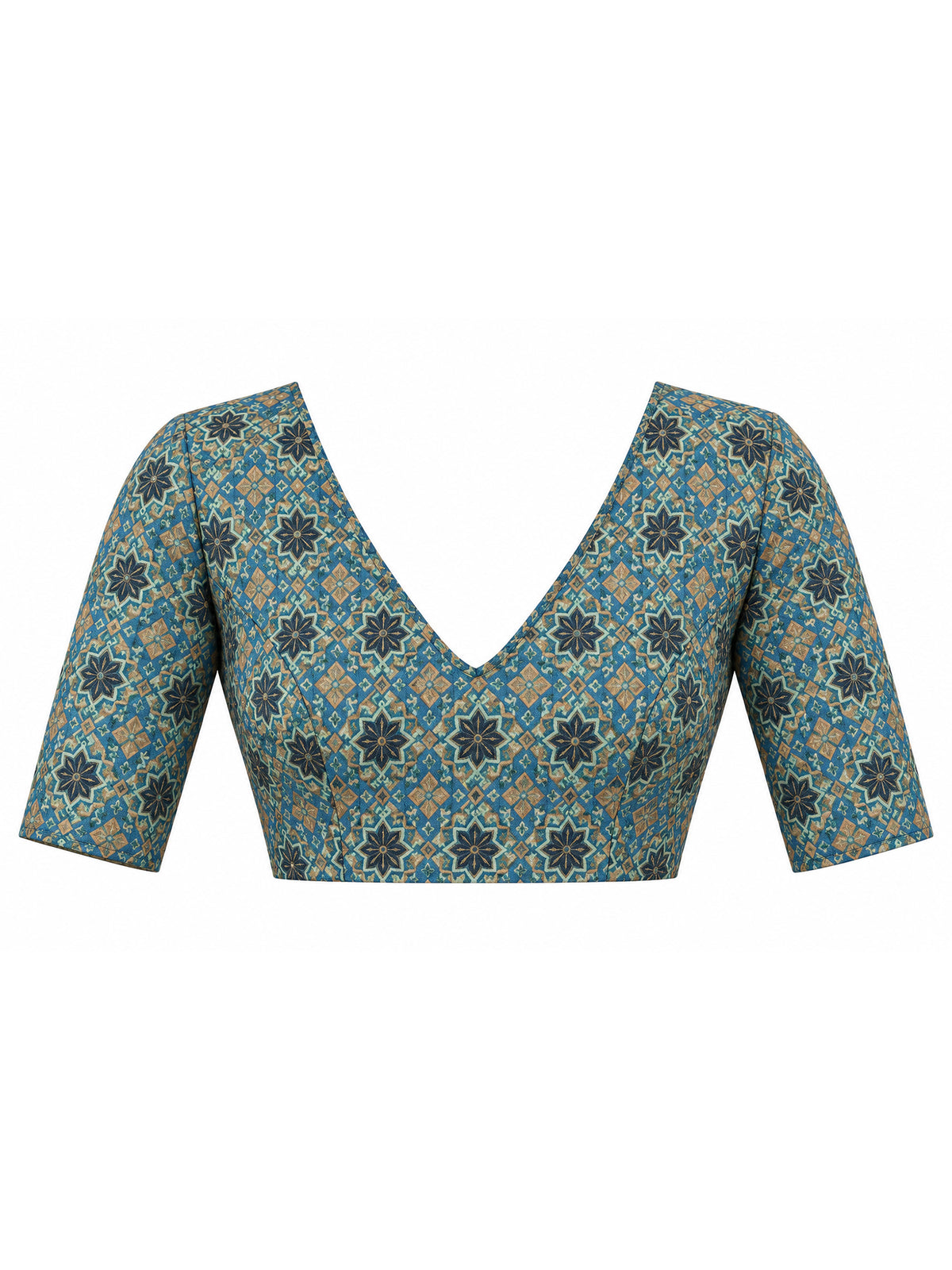 Unstitched light blue silk blend blouse piece with ajrak design
