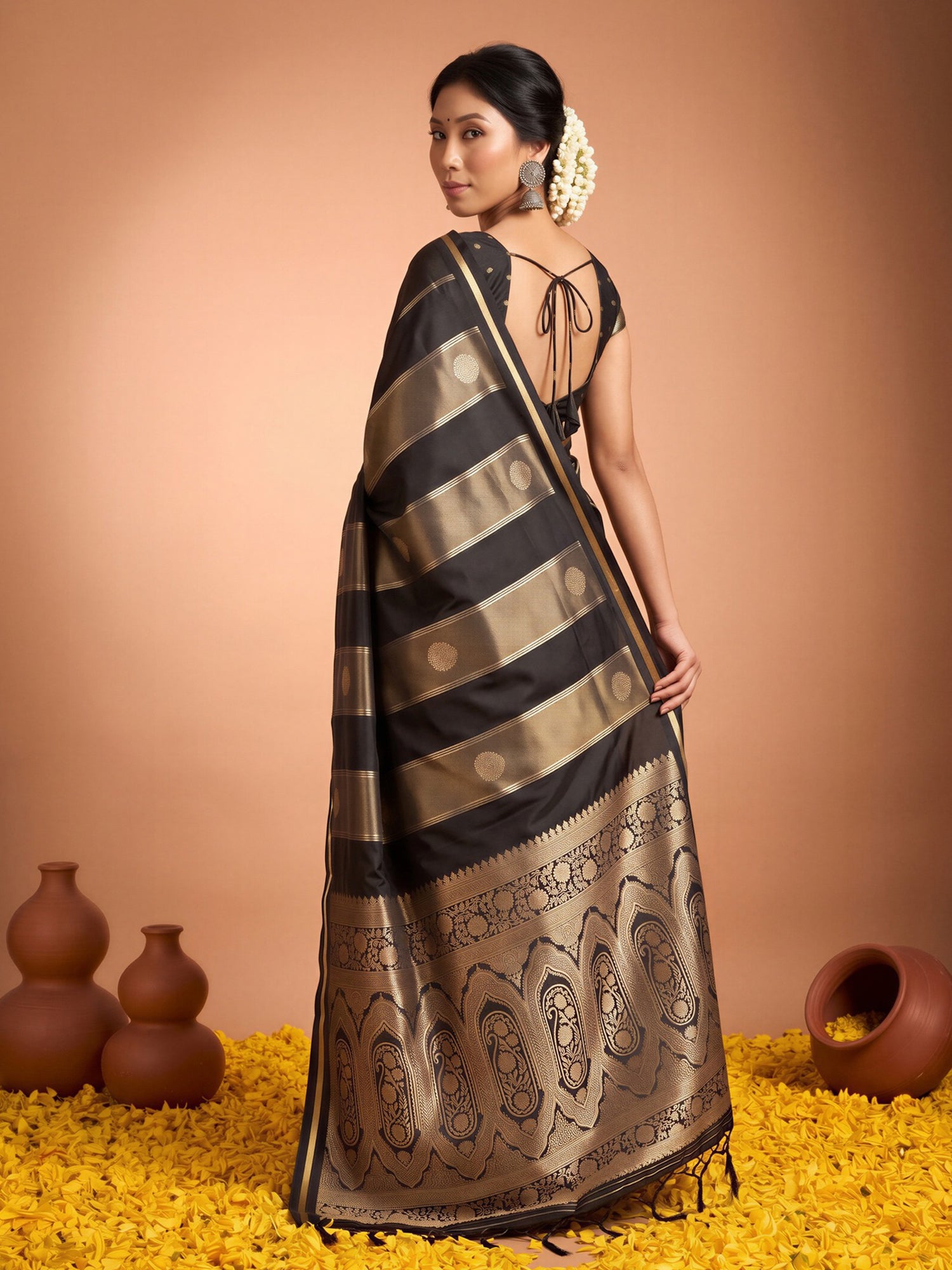Black Satin saree – detail view 1