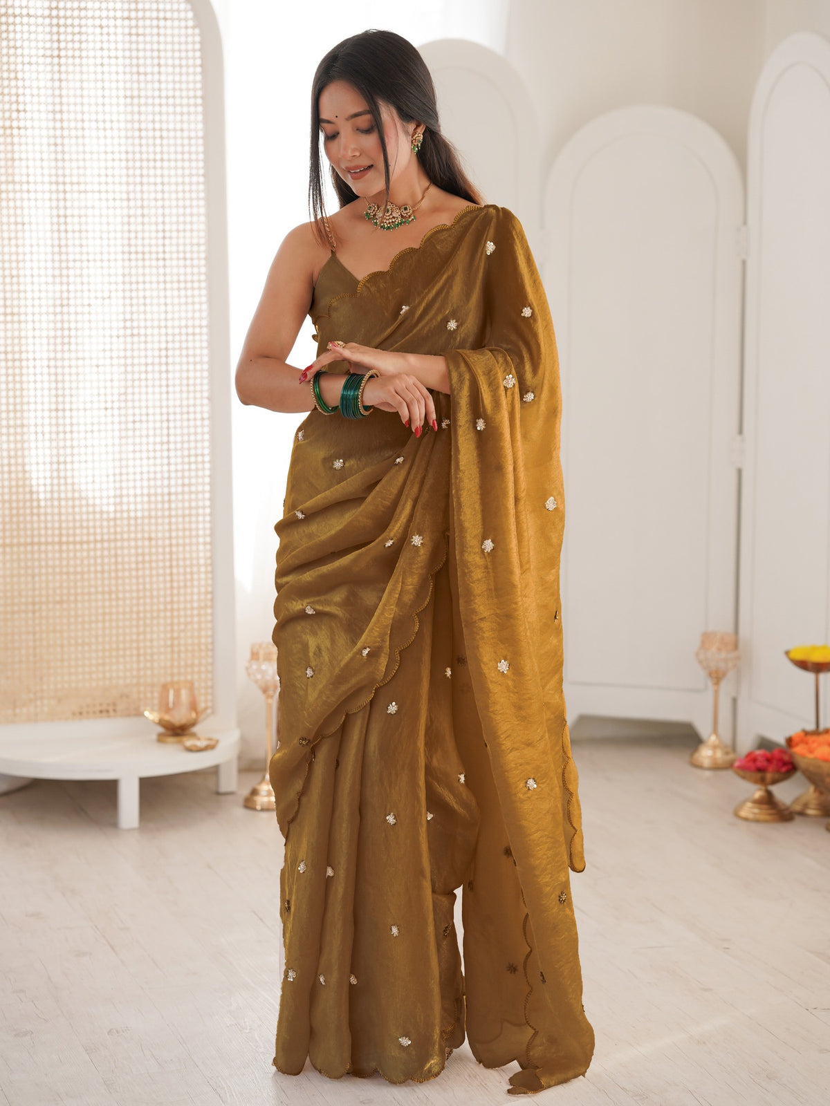 Gold satin saree view 1