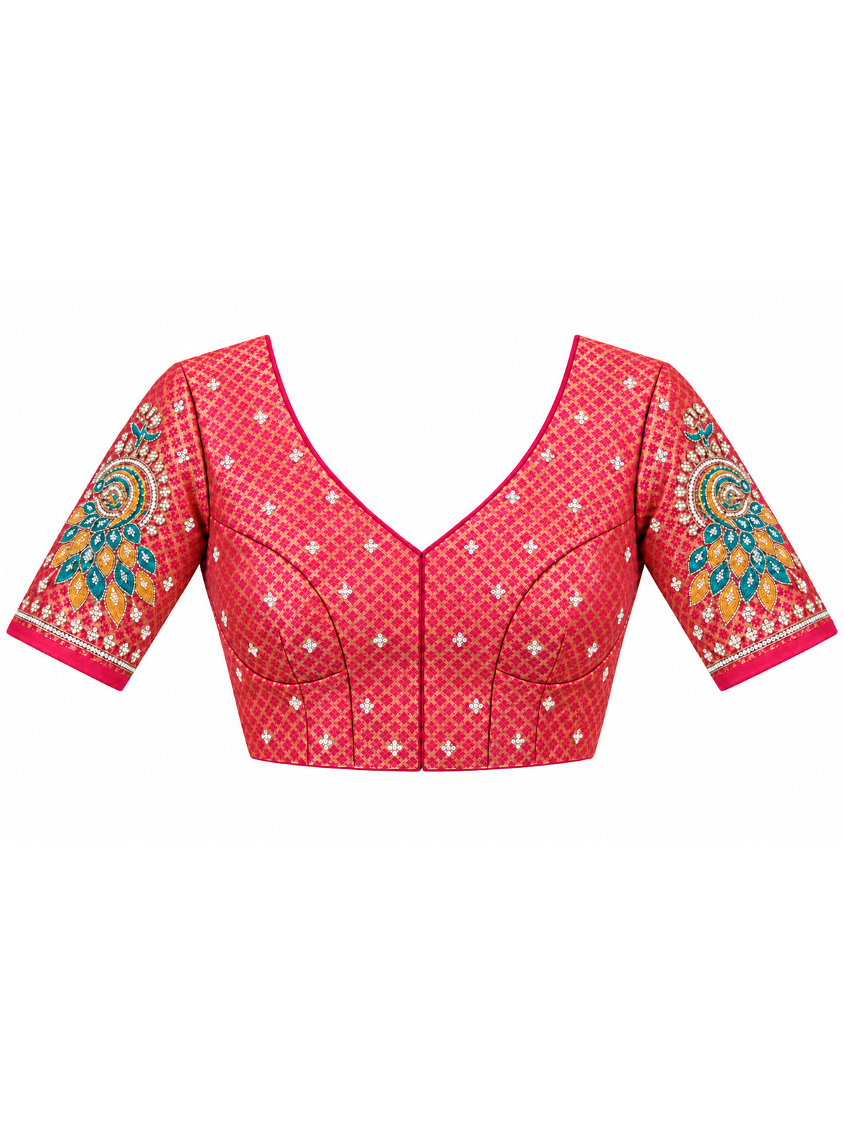 Unstitched pink  blouse piece with embellished design