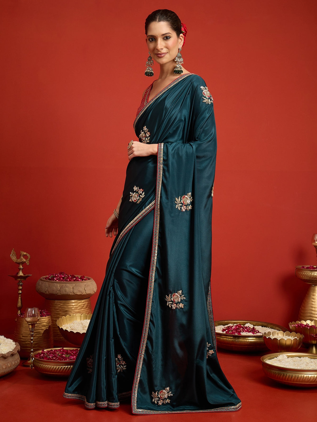 Teal Green satin silk saree view 1
