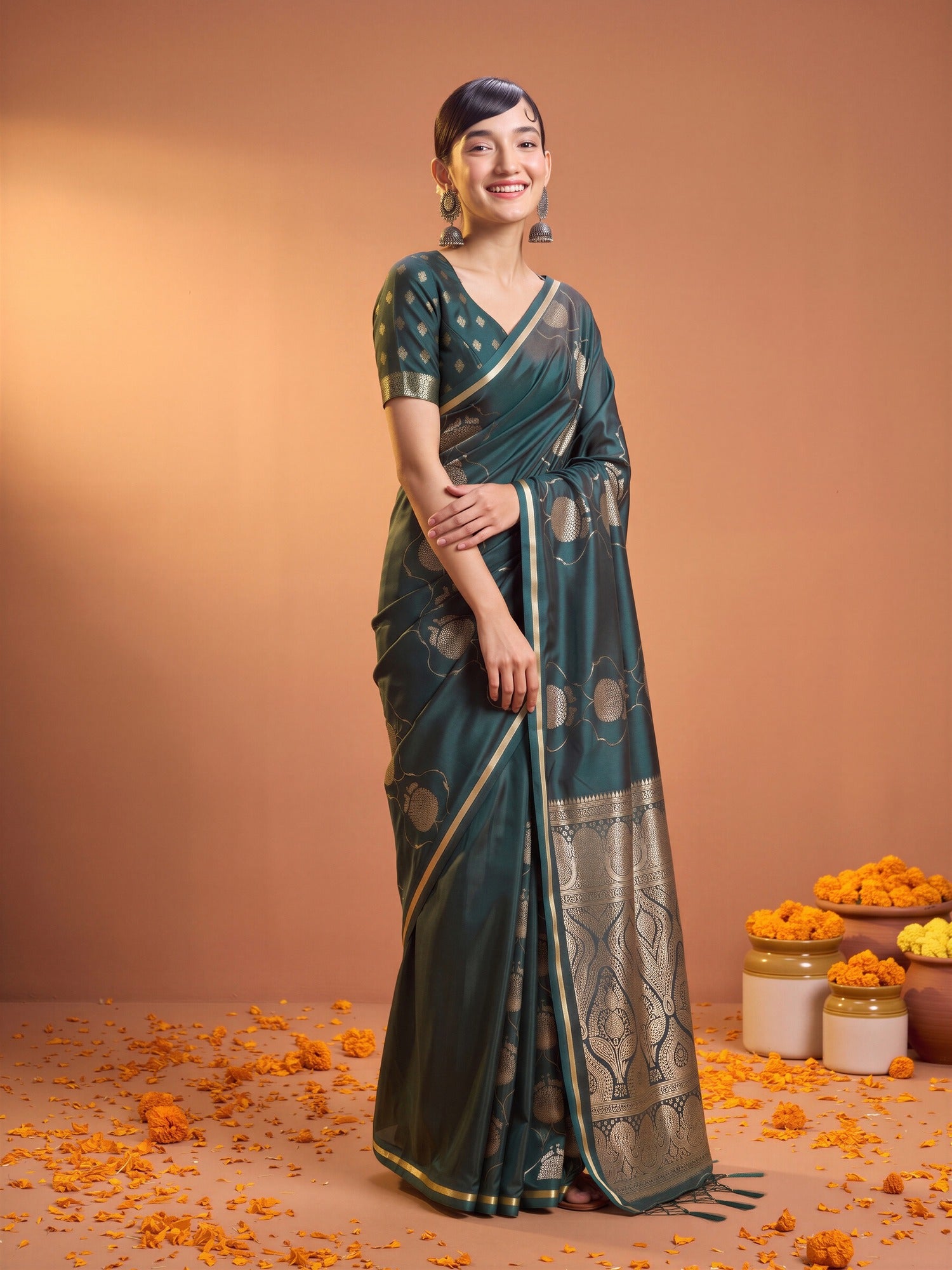 Green Satin saree – detail view 3
