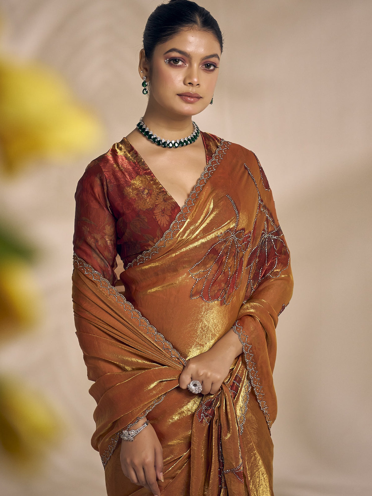 Bronze satin silk saree view 4