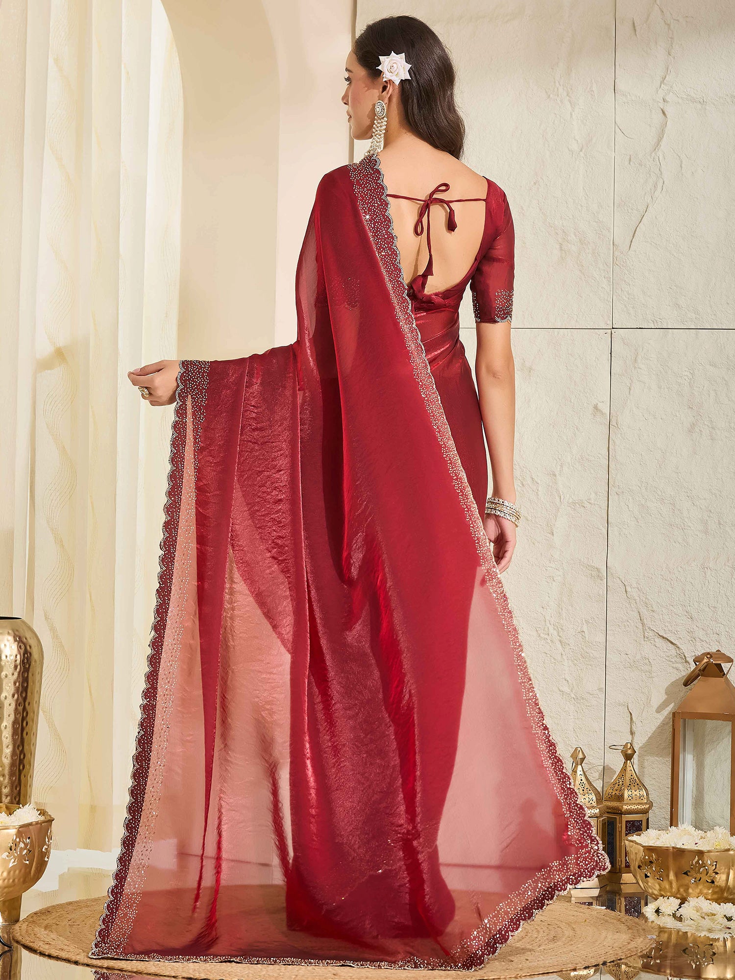 Maroon Satin saree – detail view 1