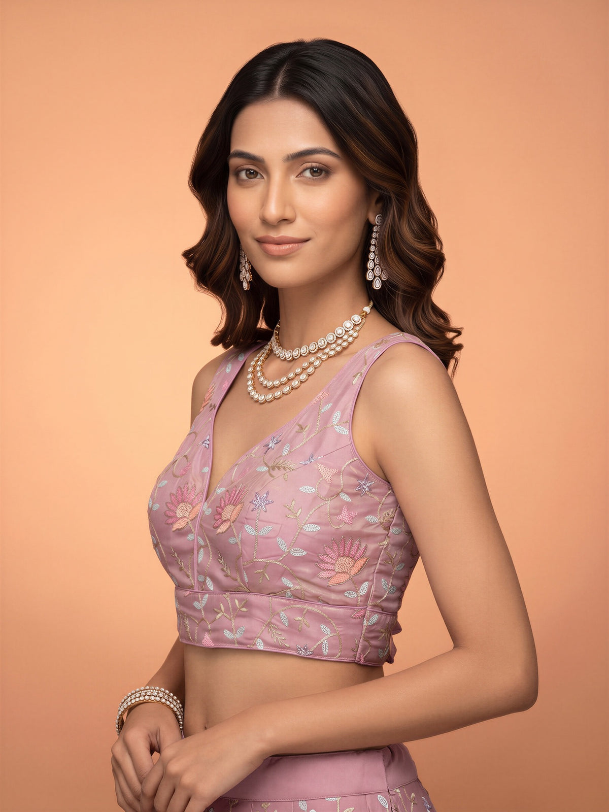 Mauve sequin embellished satin sleeveless readymade saree blouse with deep v neck view 2