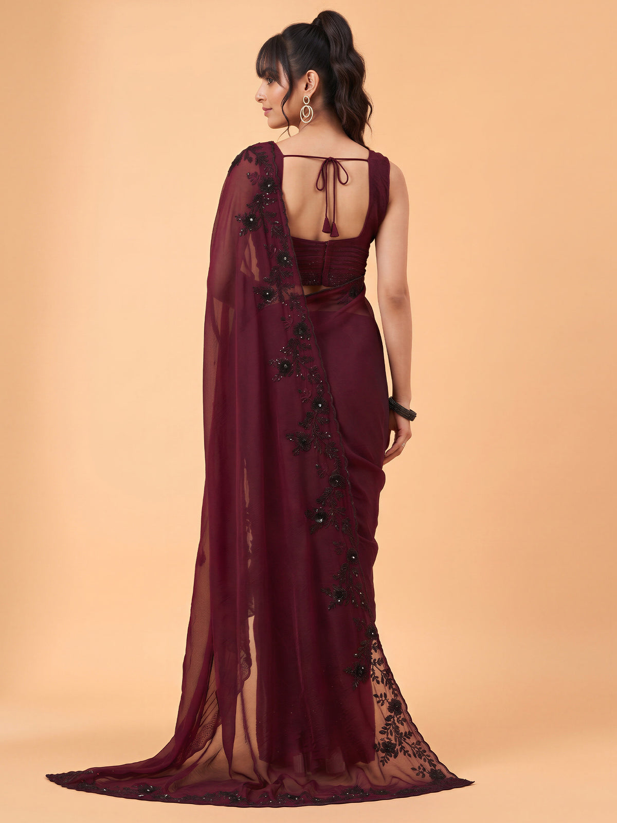 Maroon Satin Silk saree – detail view 1