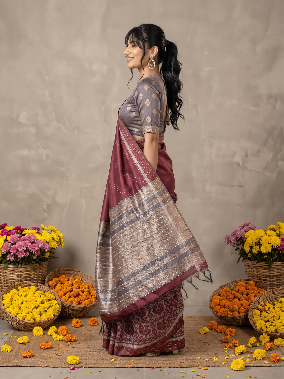 Burgundy Silk Cotton saree – detail view 1