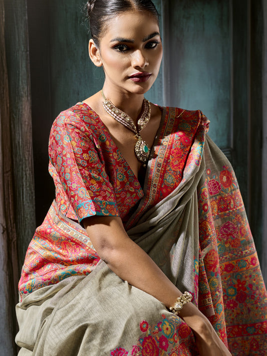 Grey cotton saree view 1