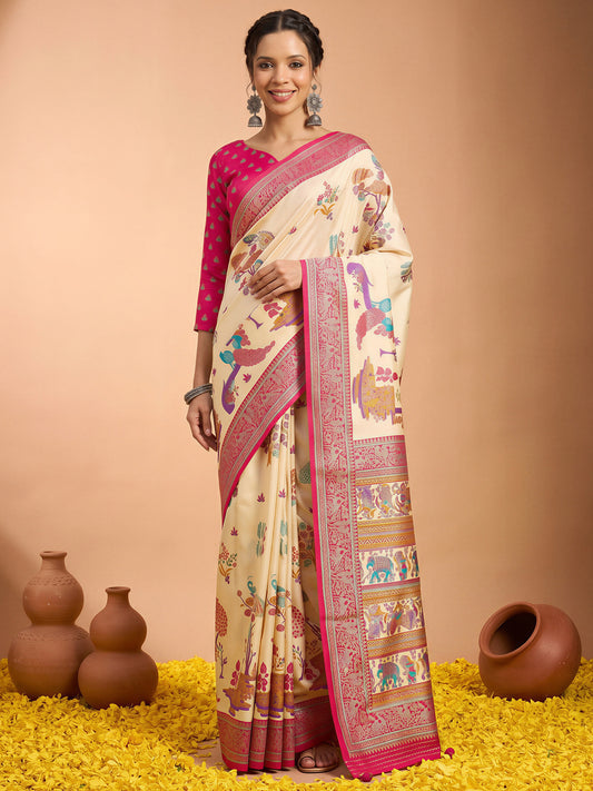 Woman wearing cream silk blend saree with metallic foil print work and pink blouse