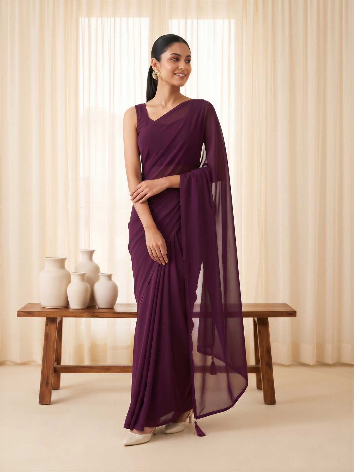 Wine Georgette saree – detail view 3