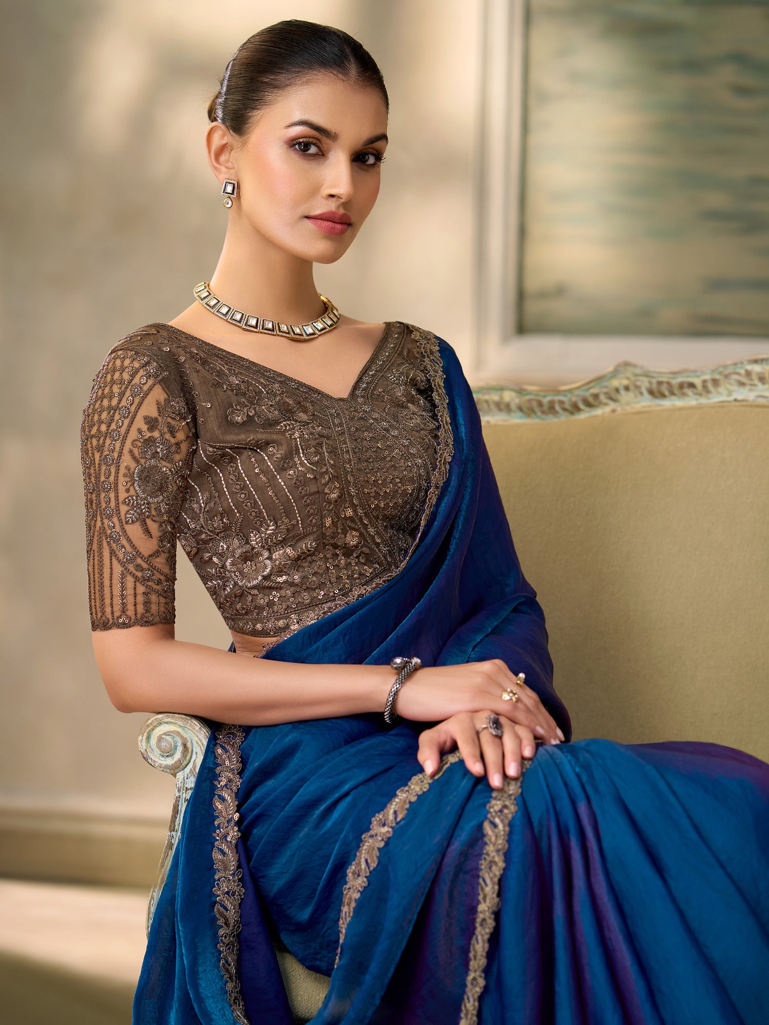 Blue Satin Silk saree – detail view 1