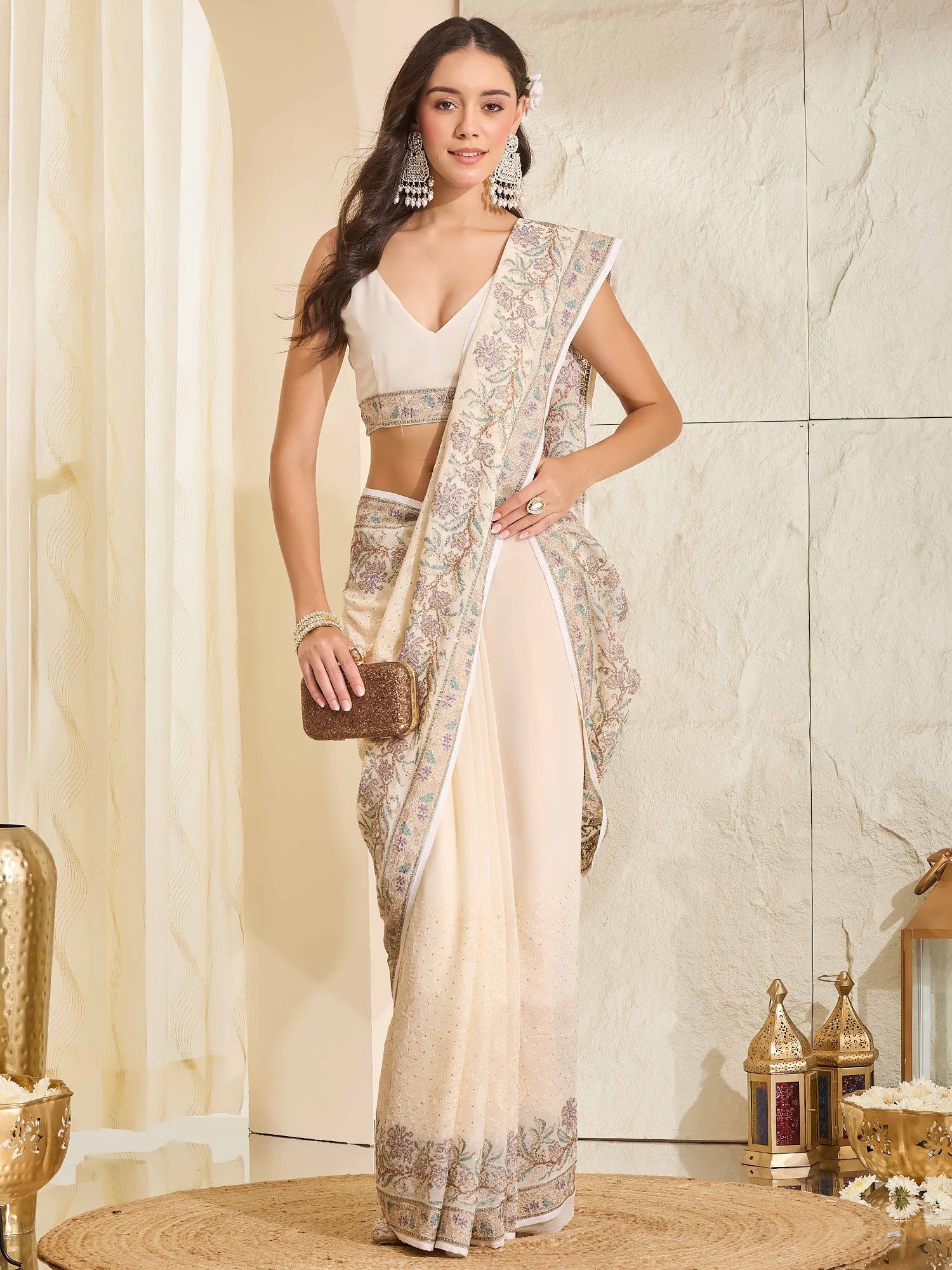 Off White Georgette saree – detail view 2