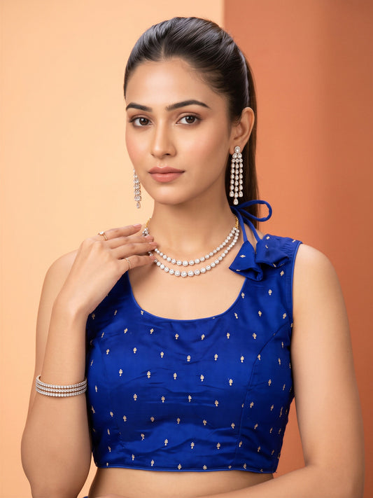 Blue sequin embellished silk blend sleeveless readymade saree blouse with round neck