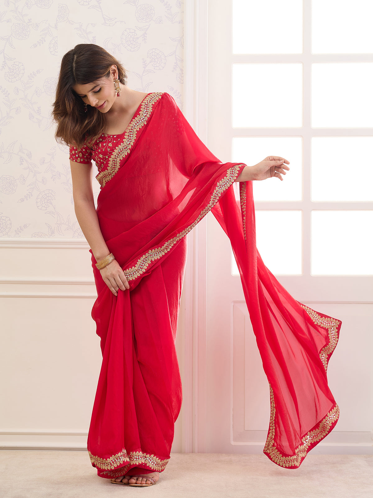 Red Satin saree – detail view 2