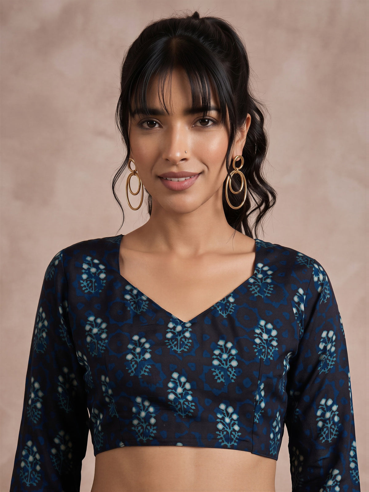 Unstitched navy blue viscose silk blouse piece with ethnic motif design
