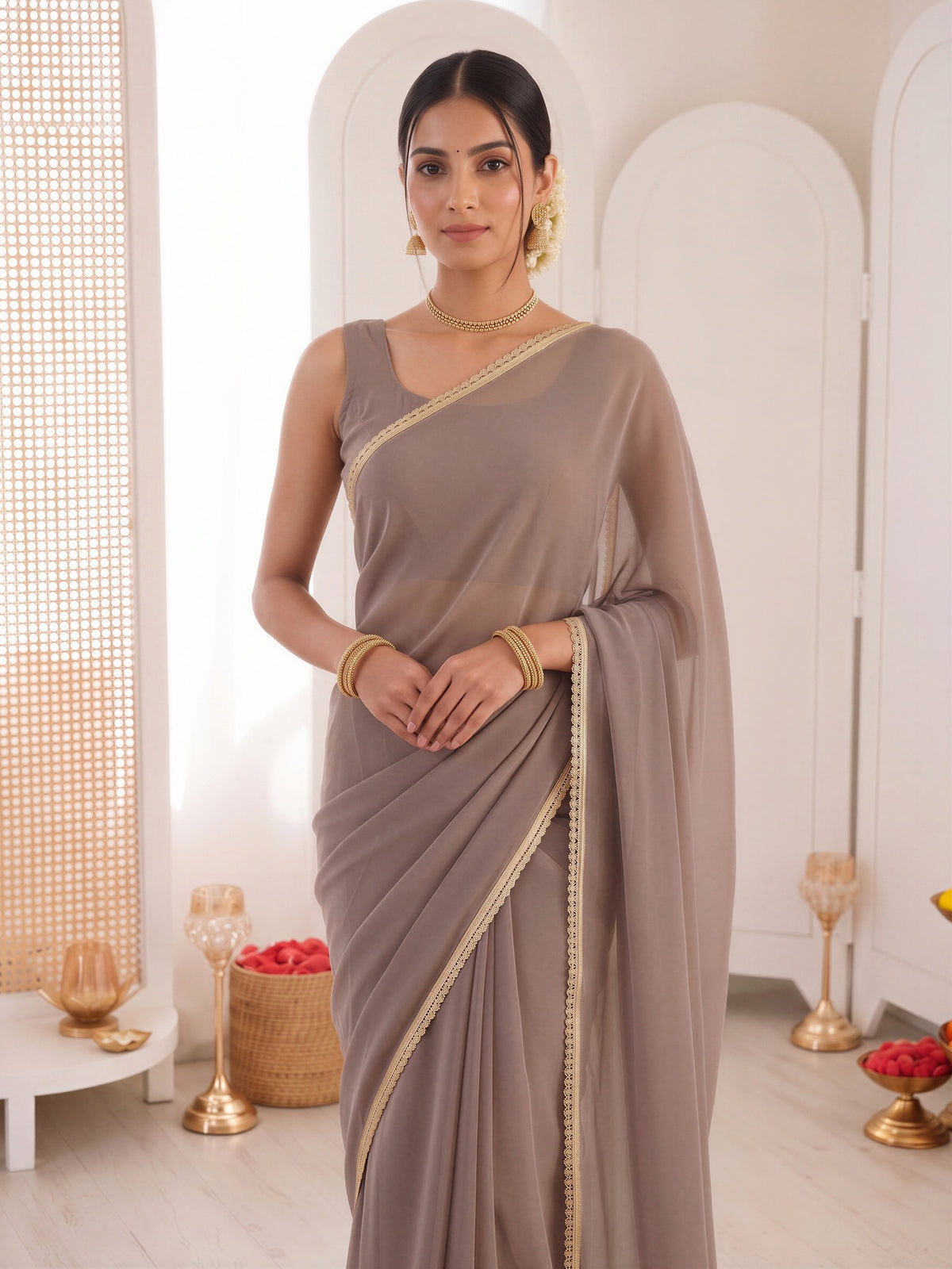 Grey satin silk saree view 4