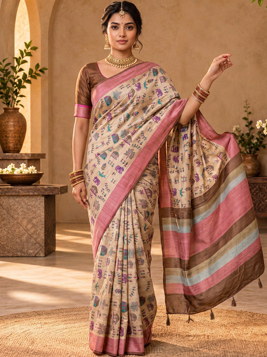 Beige tribal soft silk saree with brown blouse piece
