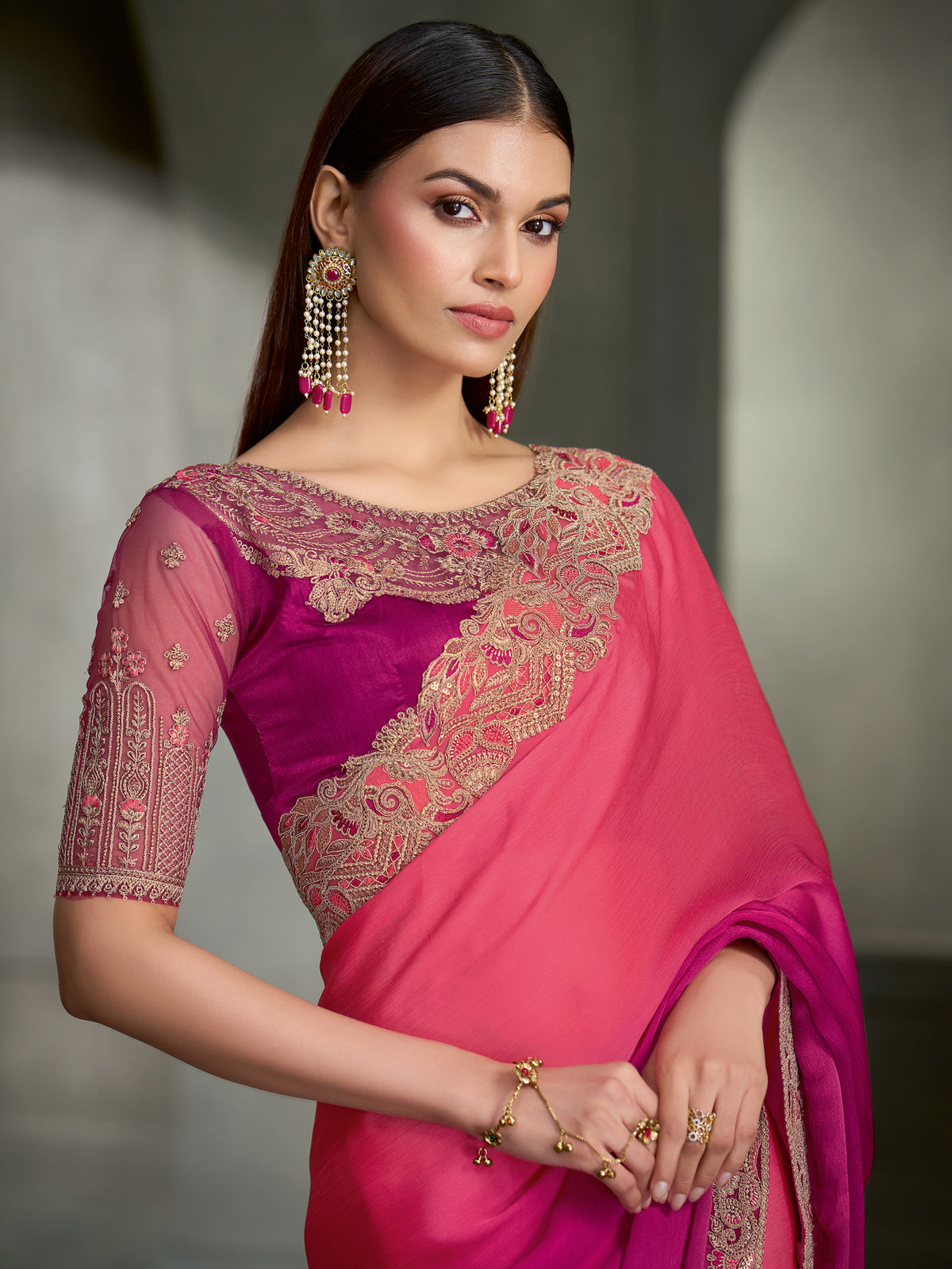 Pink Chiffon saree – detail view 1