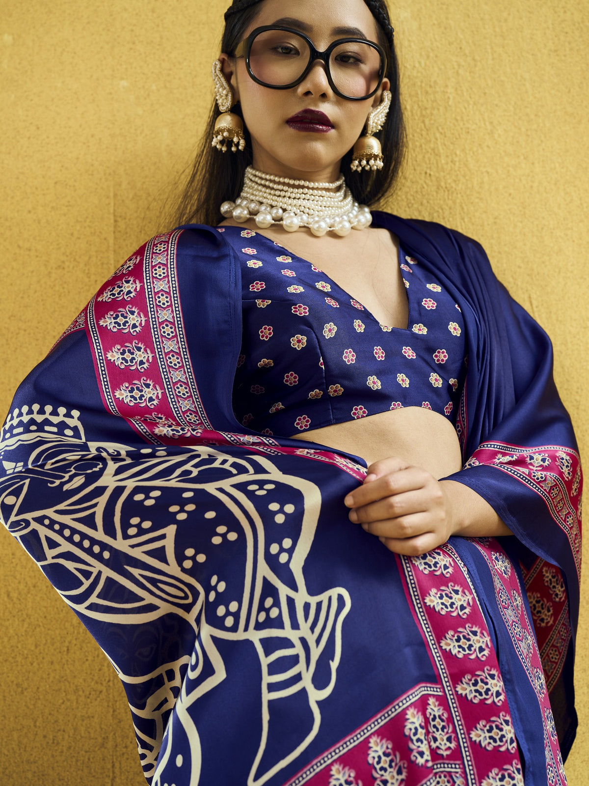 Navy Blue satin saree view 1