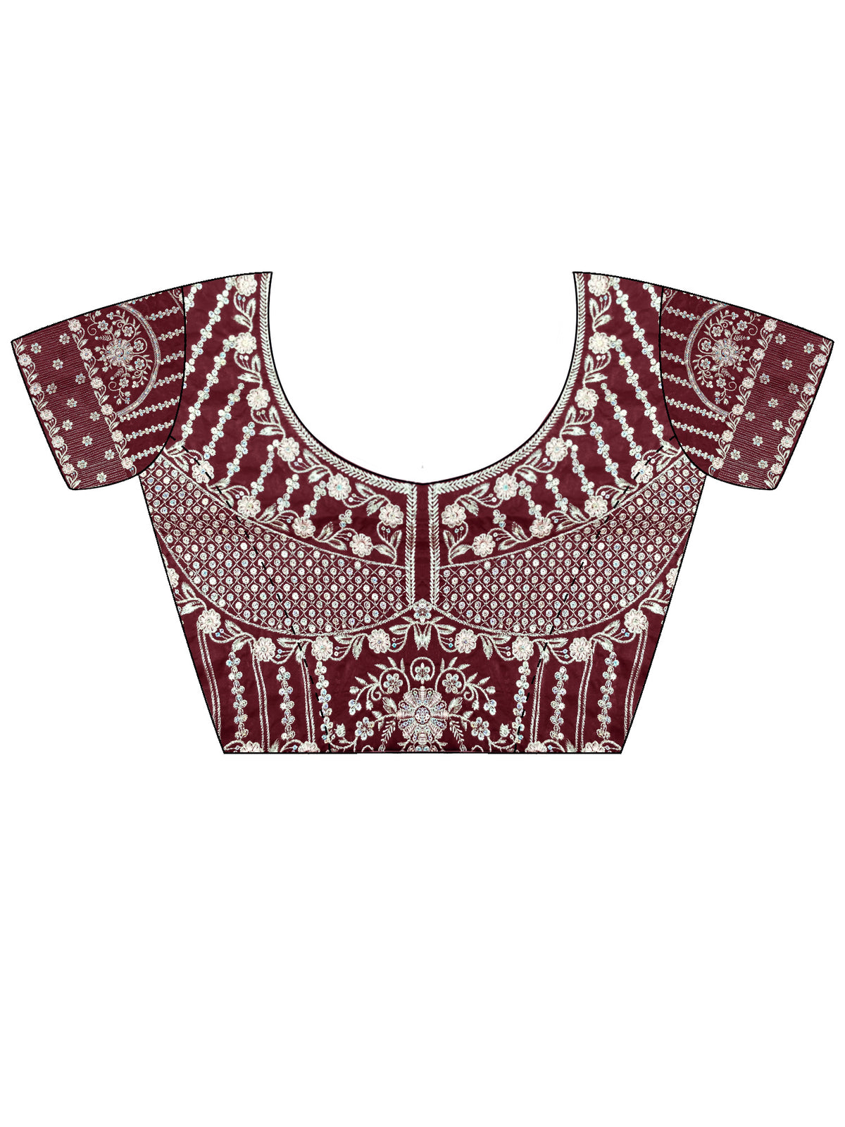 Unstitched maroon silk blend blouse piece with embellished design