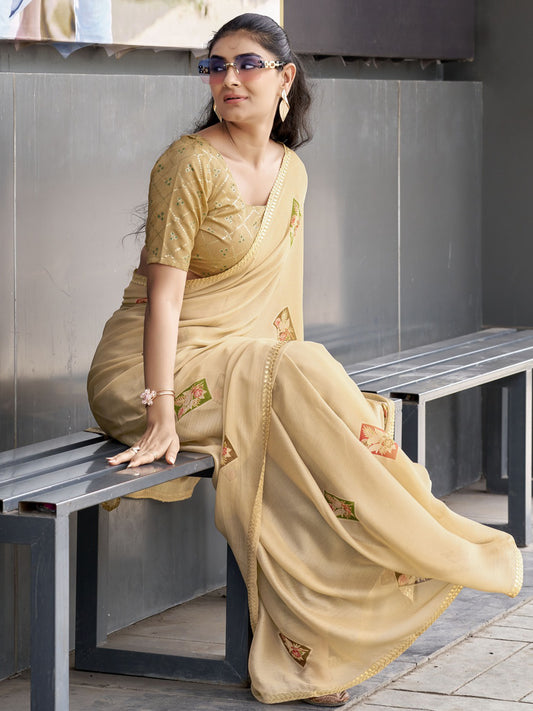 Beige chiffon saree view 1