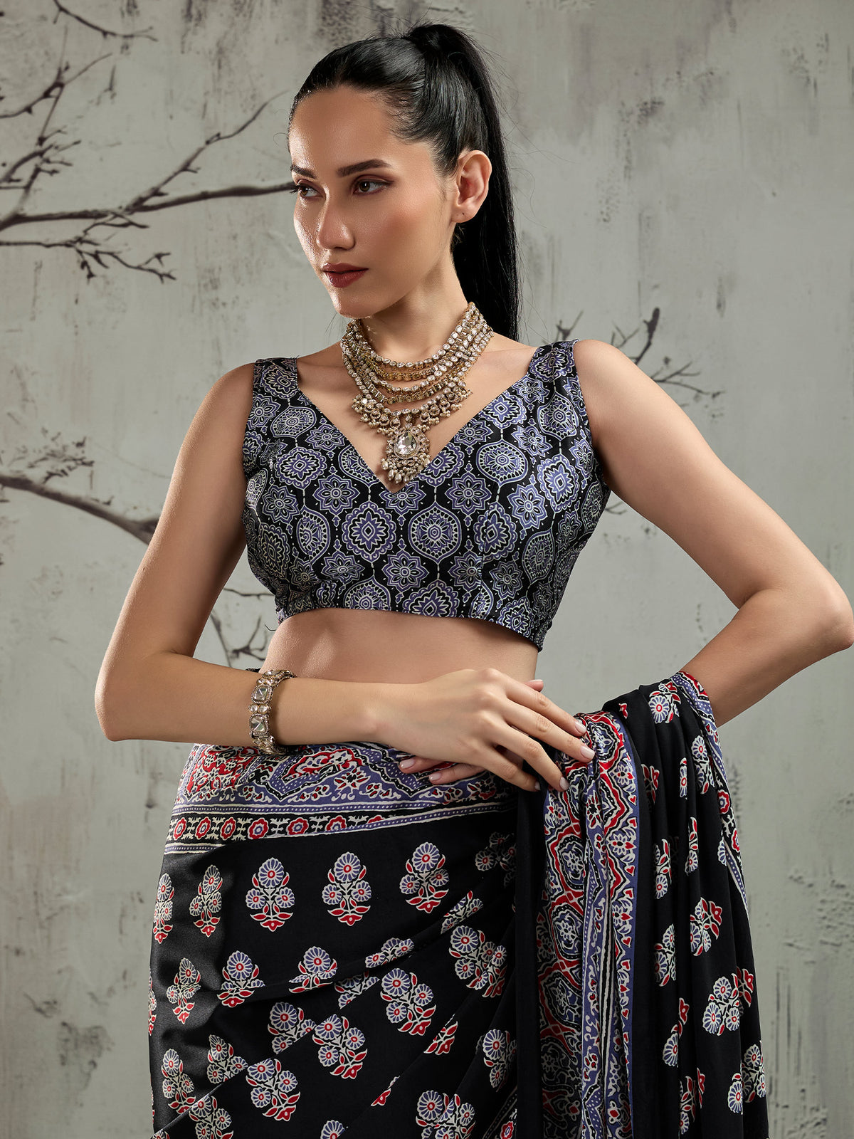 Unstitched grey satin blouse piece with ajrak design
