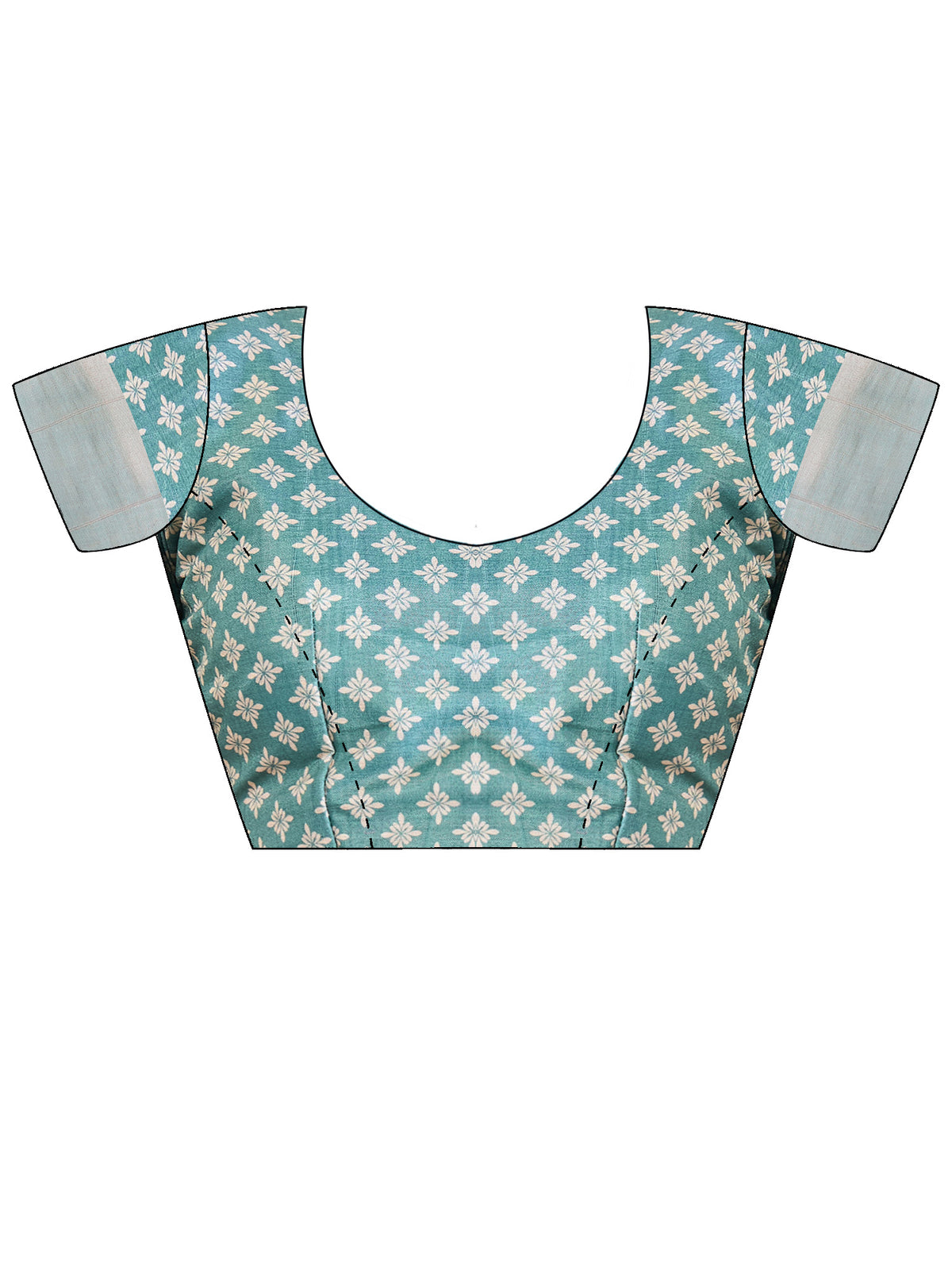 Unstitched light blue satin silk blouse piece with ethnic motif design