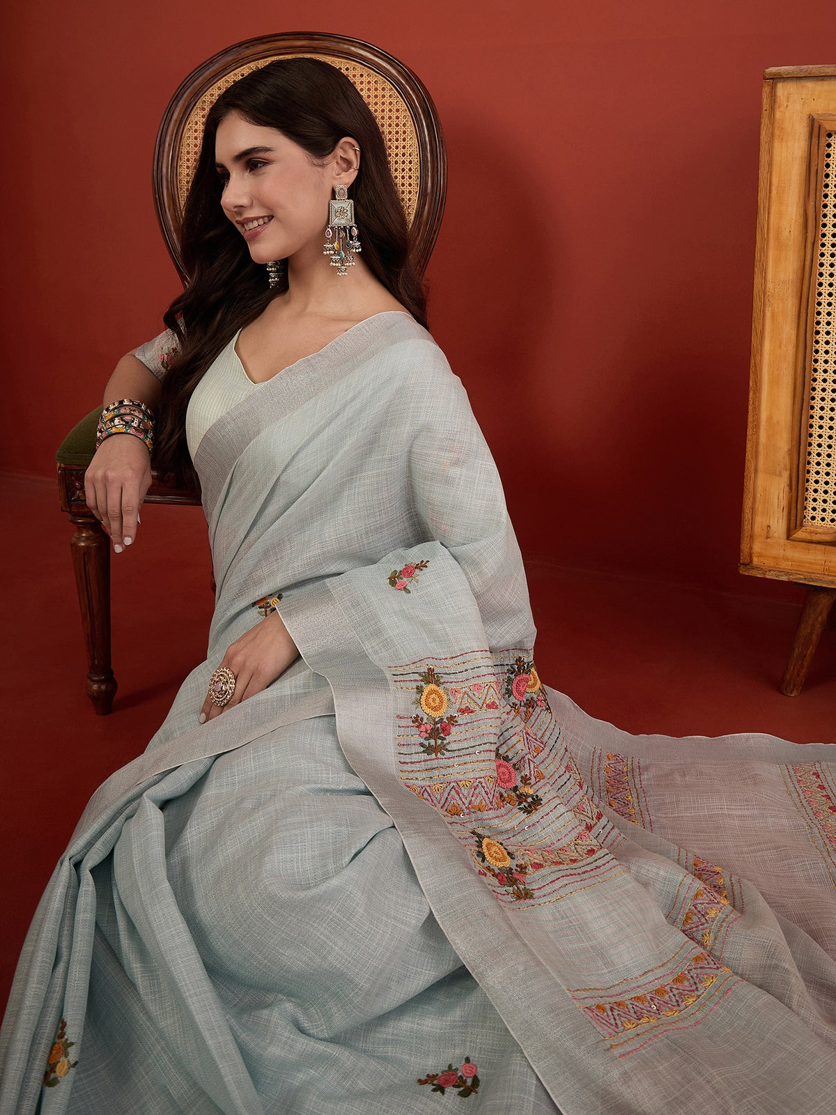 Light Blue linen blend saree view 5