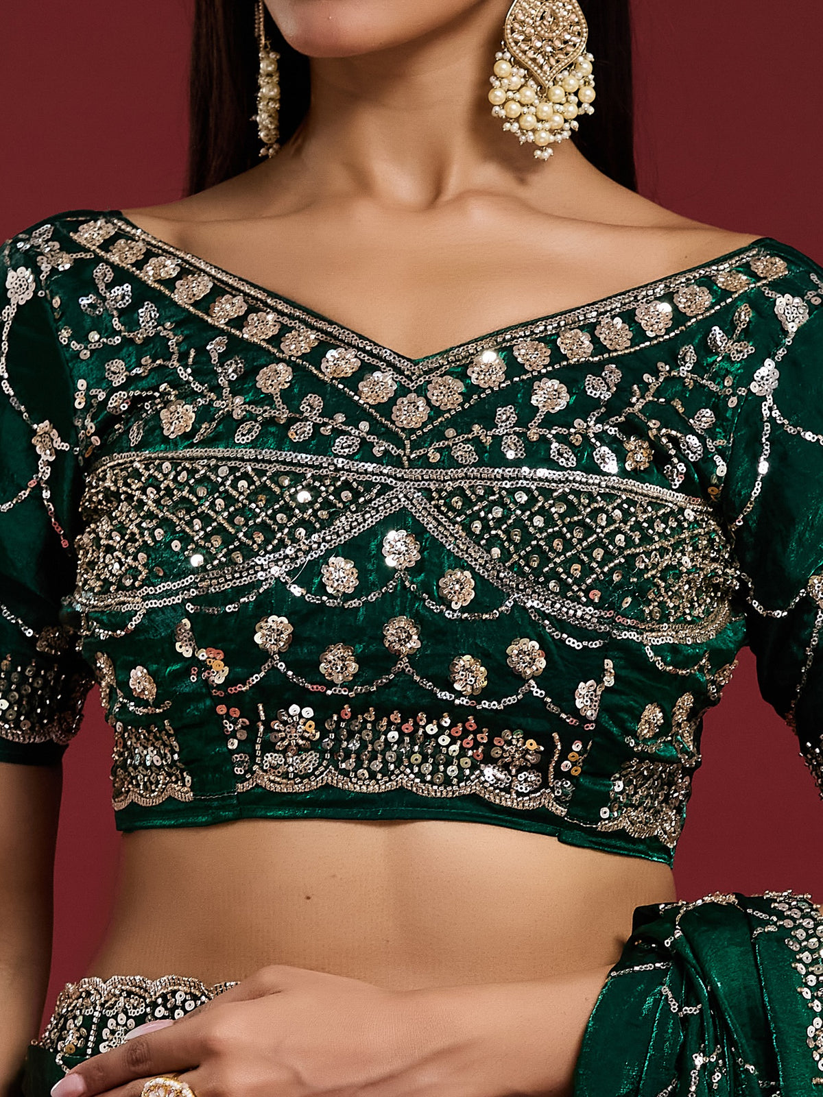 Green Satin saree – detail view 6