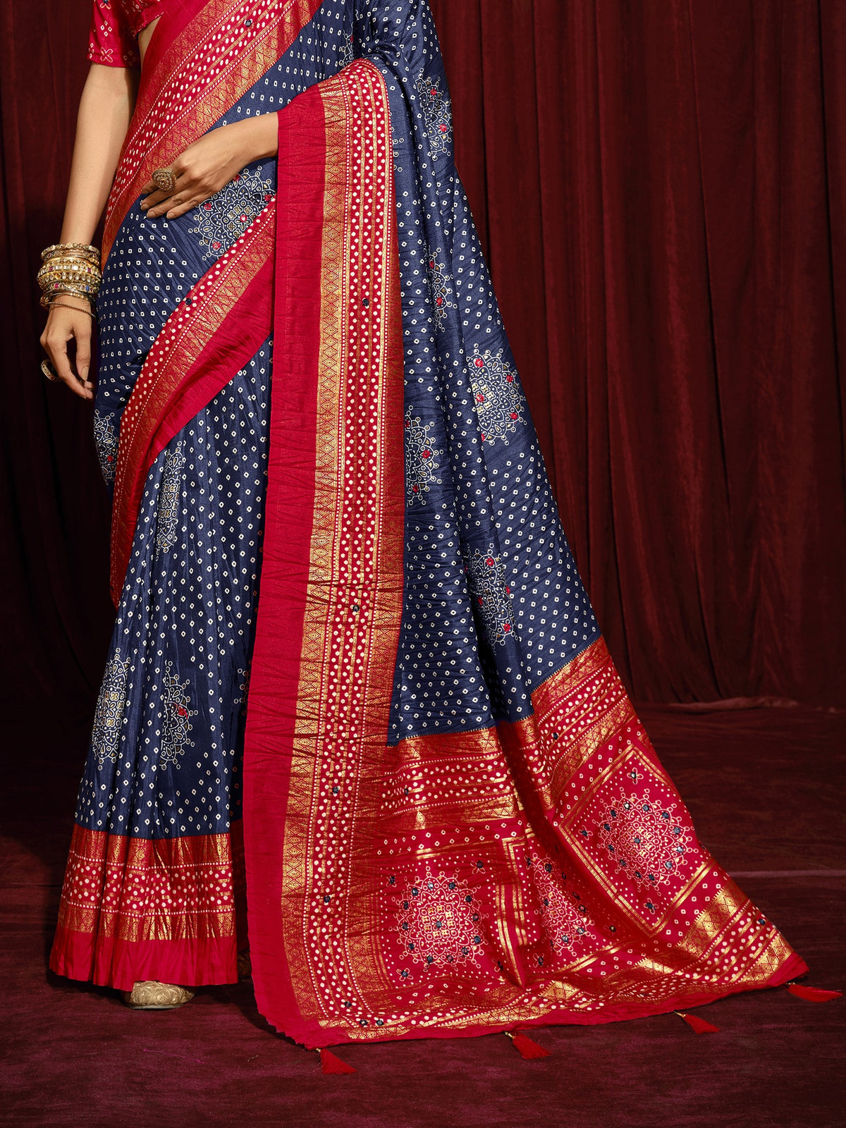 Navy Blue tussar silk saree view 1