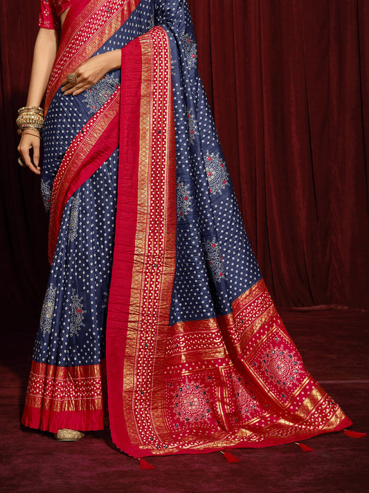 Navy Blue tussar silk saree view 1