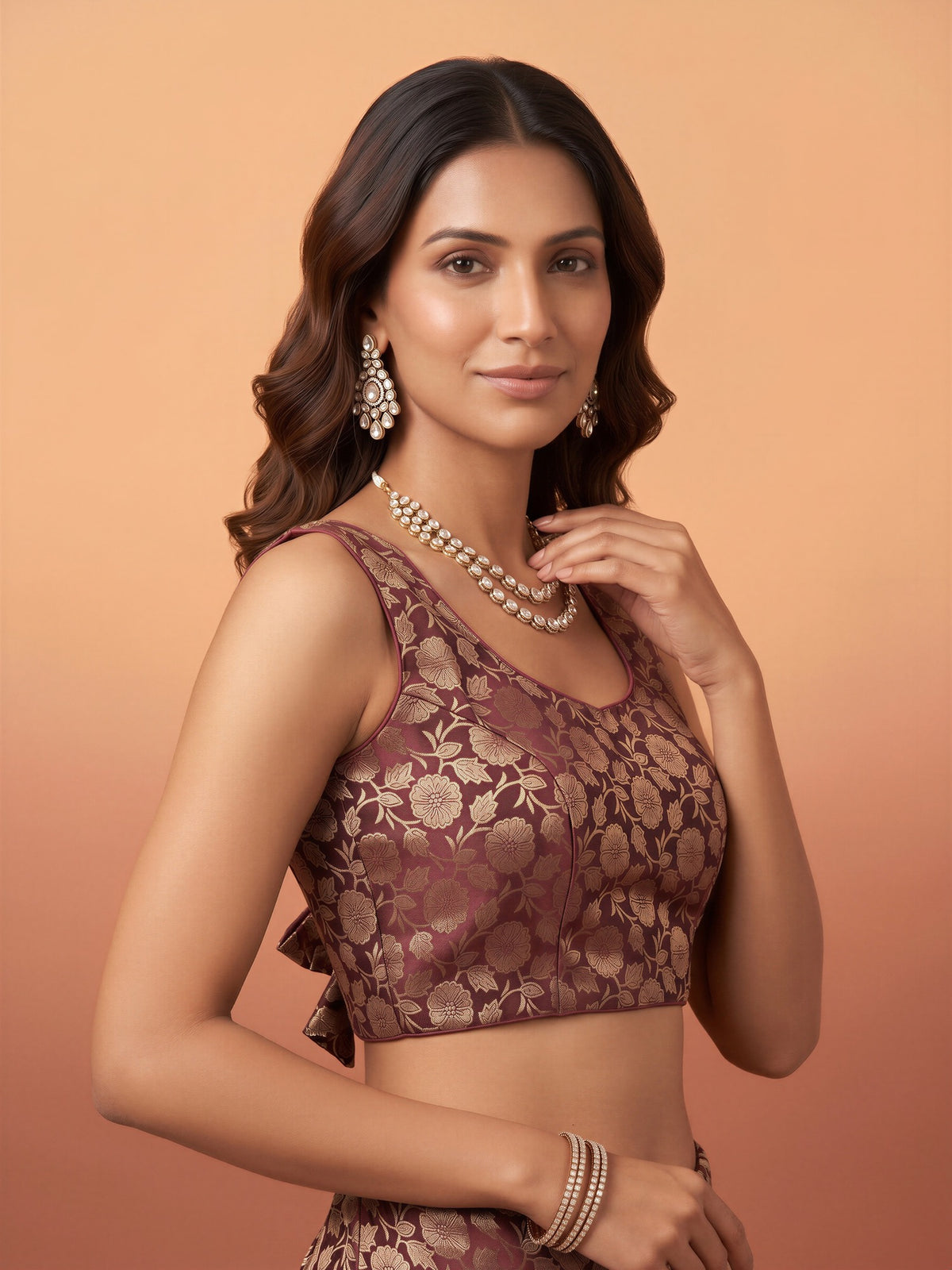 Maroon woven brocade silk blend sleeveless readymade saree blouse with round neck view 2