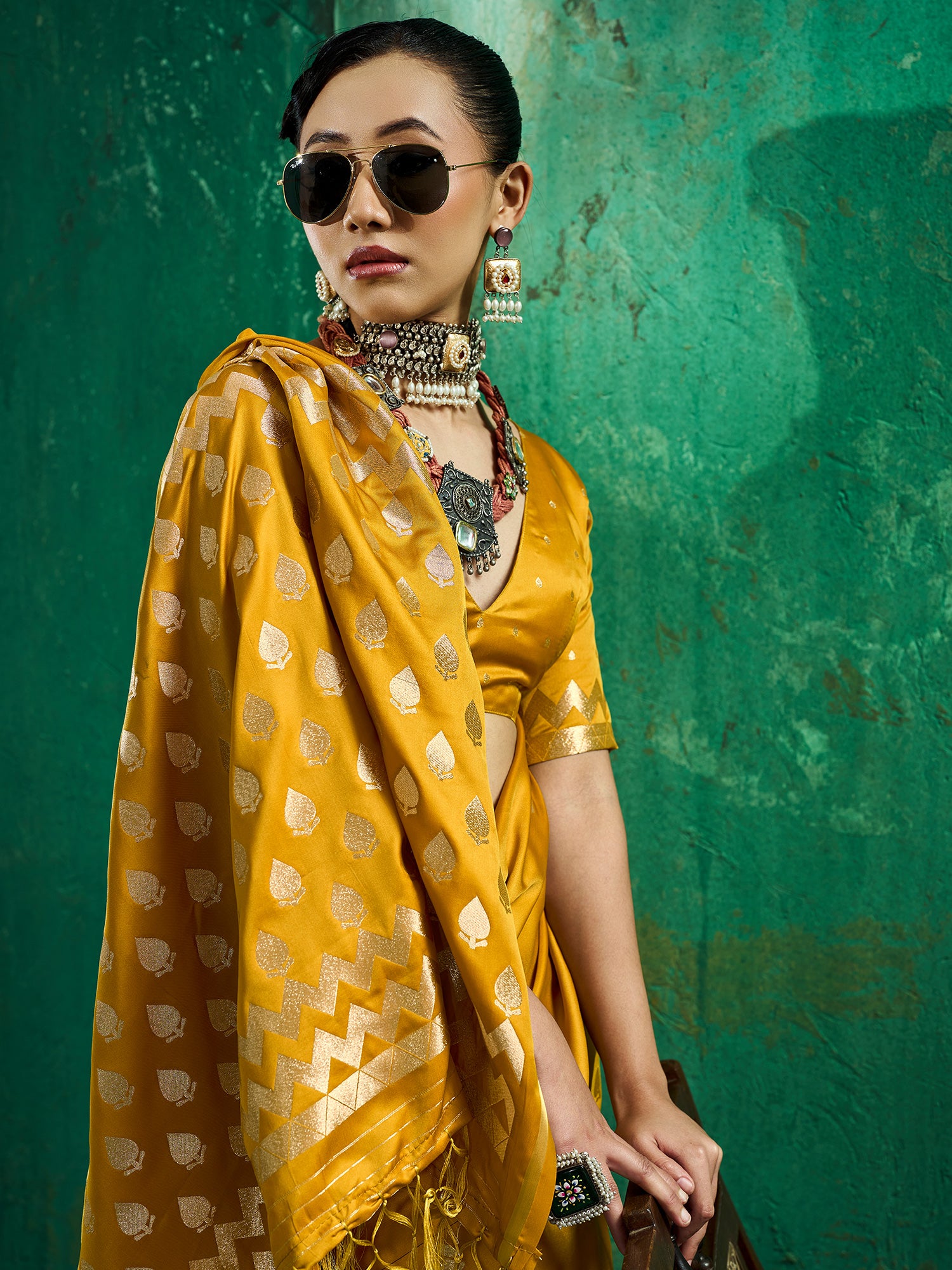 Yellow Satin Silk saree – detail view 3