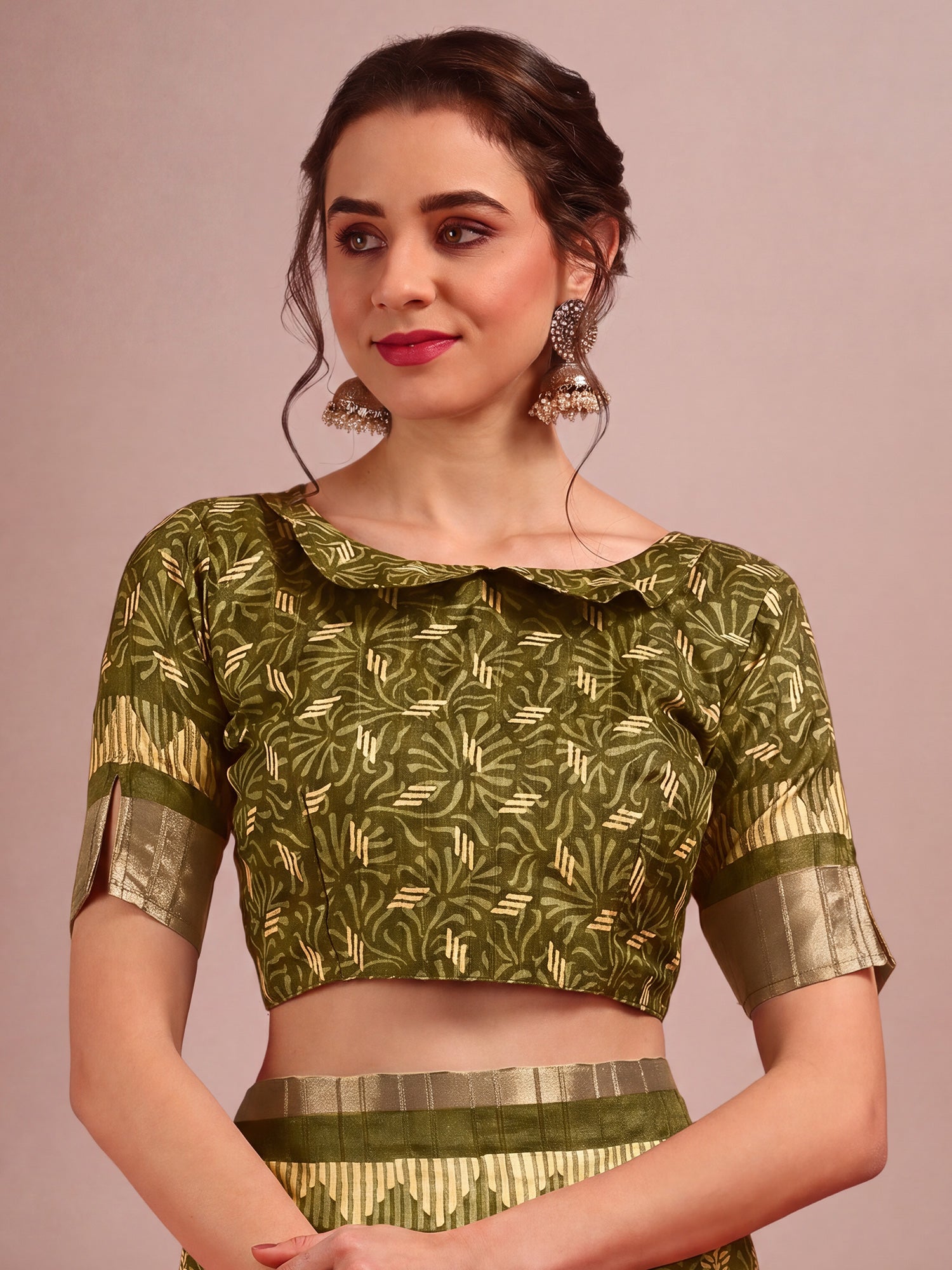 Unstitched olive cotton silk blouse piece with ethnic motif design