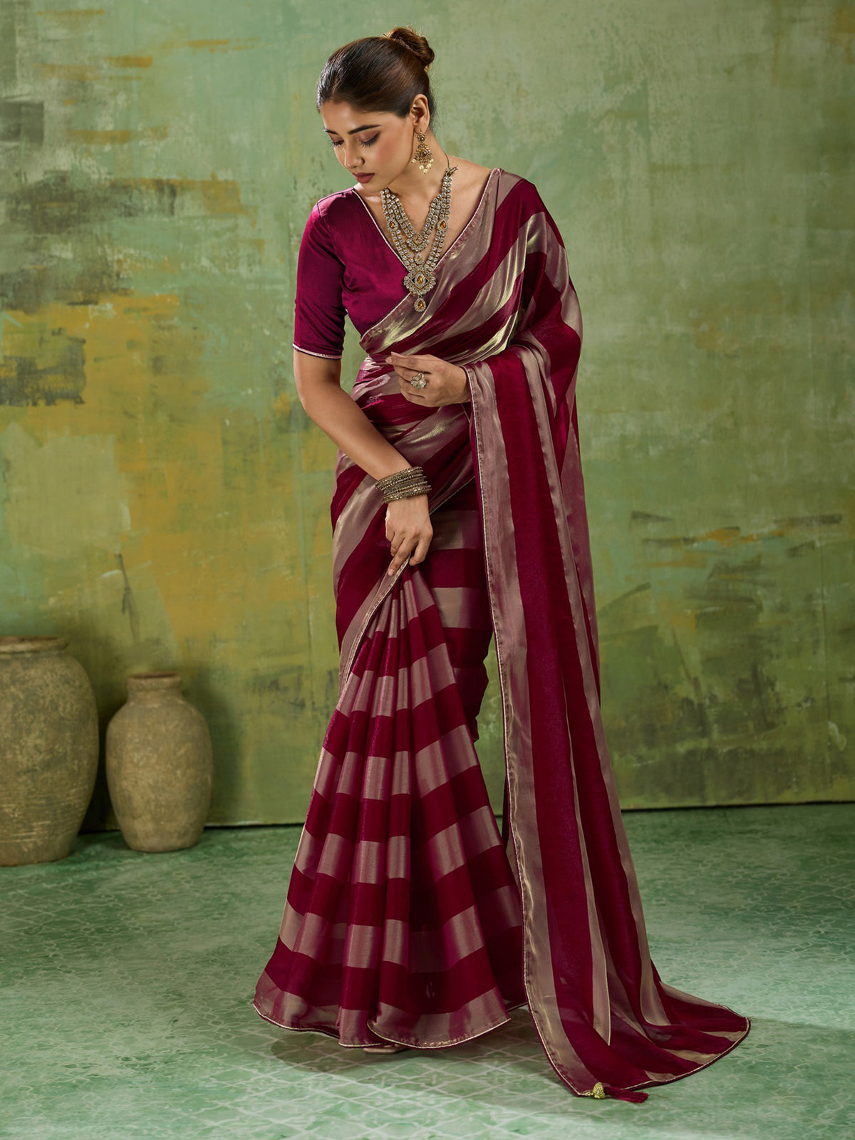 Wine Satin Silk saree – detail view 1