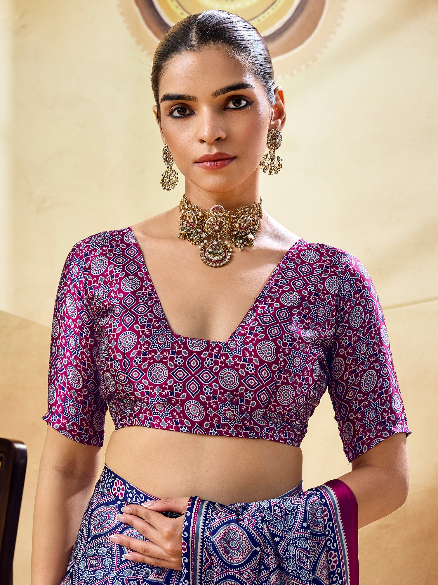 Unstitched wine satin blouse piece with ajrak design
