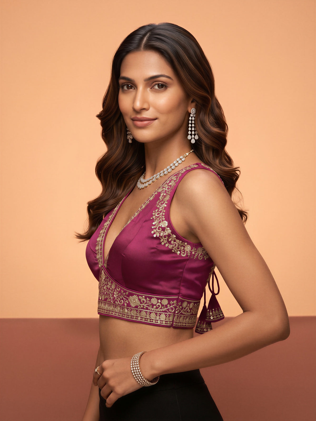 Magenta sequin embellished silk blend sleeveless readymade saree blouse with deep v neck view 2