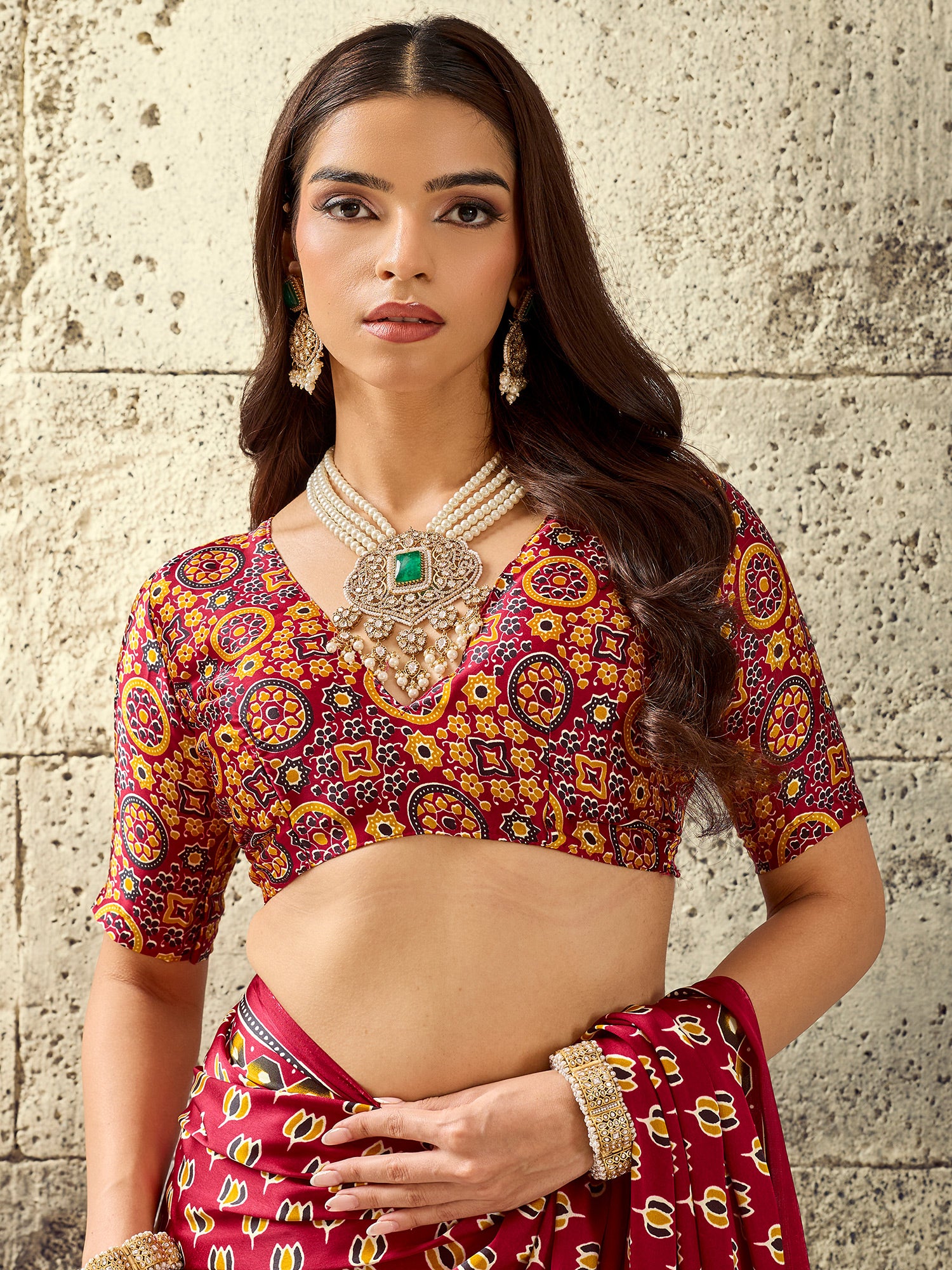 Unstitched maroon satin blouse piece with ajrak design