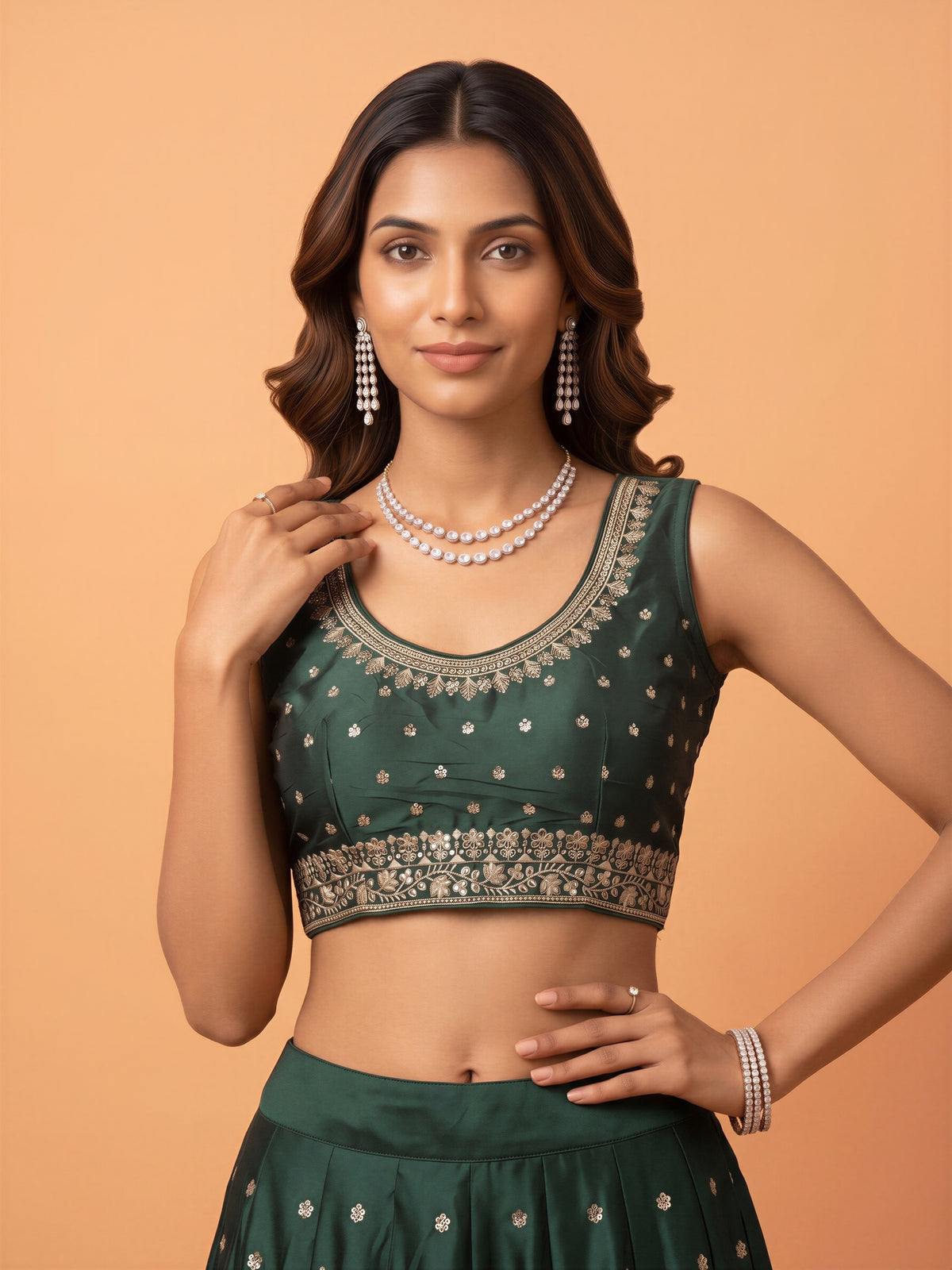 Green sequin embellished silk blend sleeveless readymade saree blouse with round neck view 3