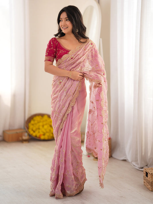 Pink organza saree view 1